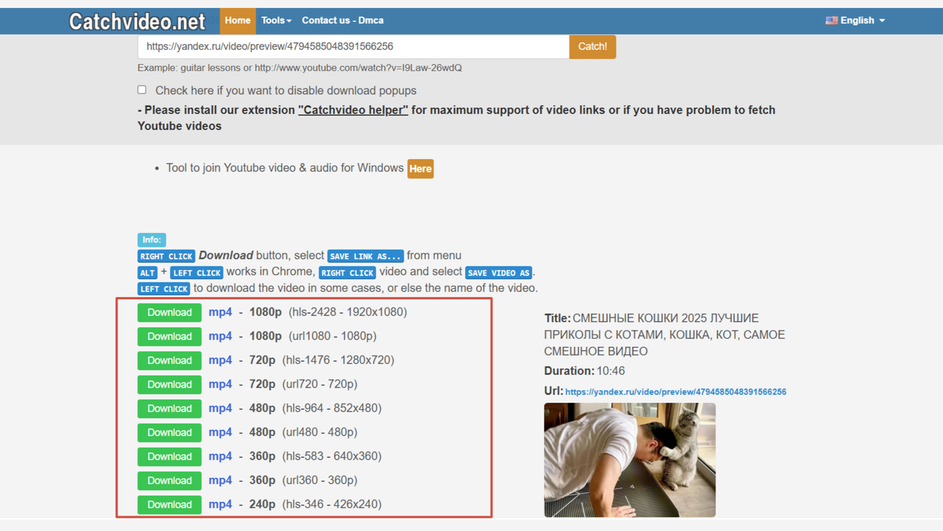 Вкладка сайта CatchVideo с вариантами разрешения видео Вкладка сайта CatchVideo с вариантами разрешения видео