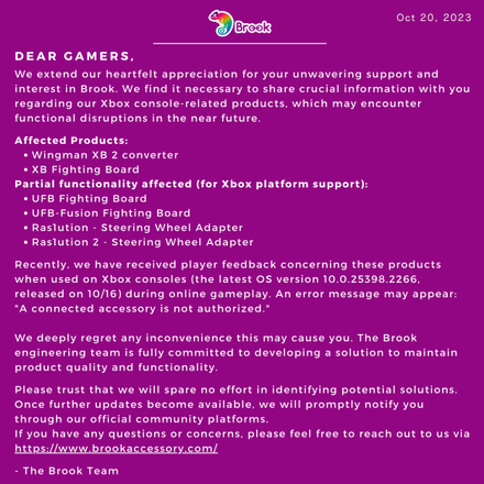 Предупреждение от Brook Gaming, в котором сказано о проблеме совместимости продуктов компании с консолями Xbox. Фото: Windows Central