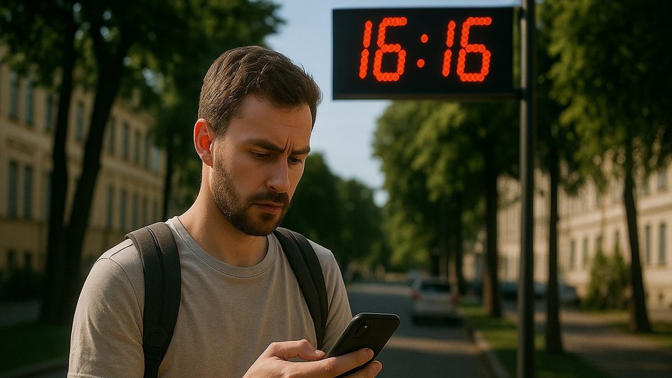 Мужчина-Рыбы смотрит на телефон на фоне электронных часов, показывающие время 16:16 Мужчина-Рыбы смотрит на телефон на фоне электронных часов, показывающие время 16:16