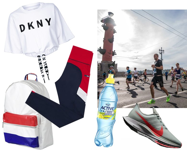 Футболка DKNY; лосины Onzie (FV Sport); рюкзак LE COQ SPORTIF (YOOX.ru); вода Aqua Minerale Active; кроссовки Nike