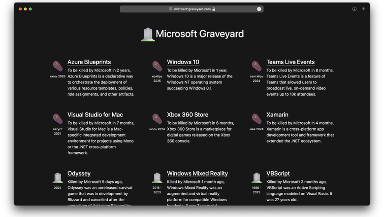 Скриншот сайта Microsoft Graveyard.