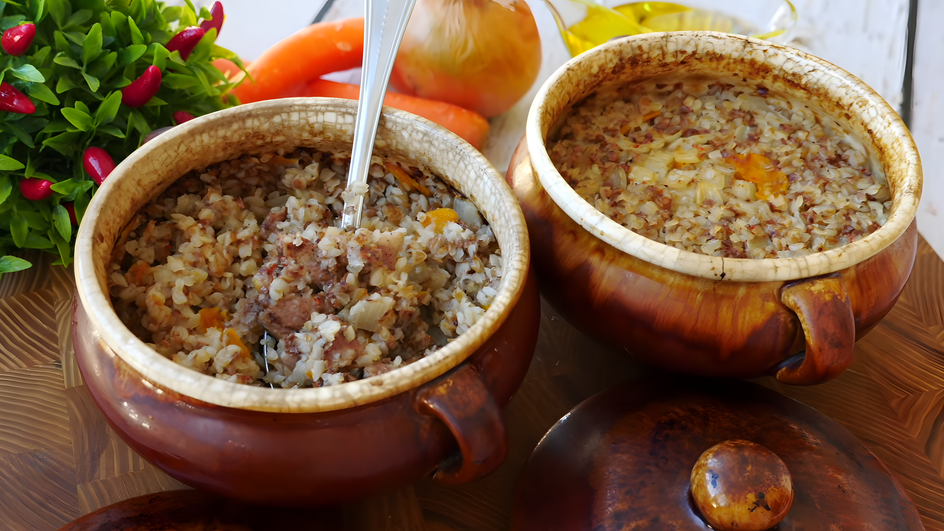 Два горшочка гречки с мясом стоят на столе Два горшочка гречки с мясом стоят на столе