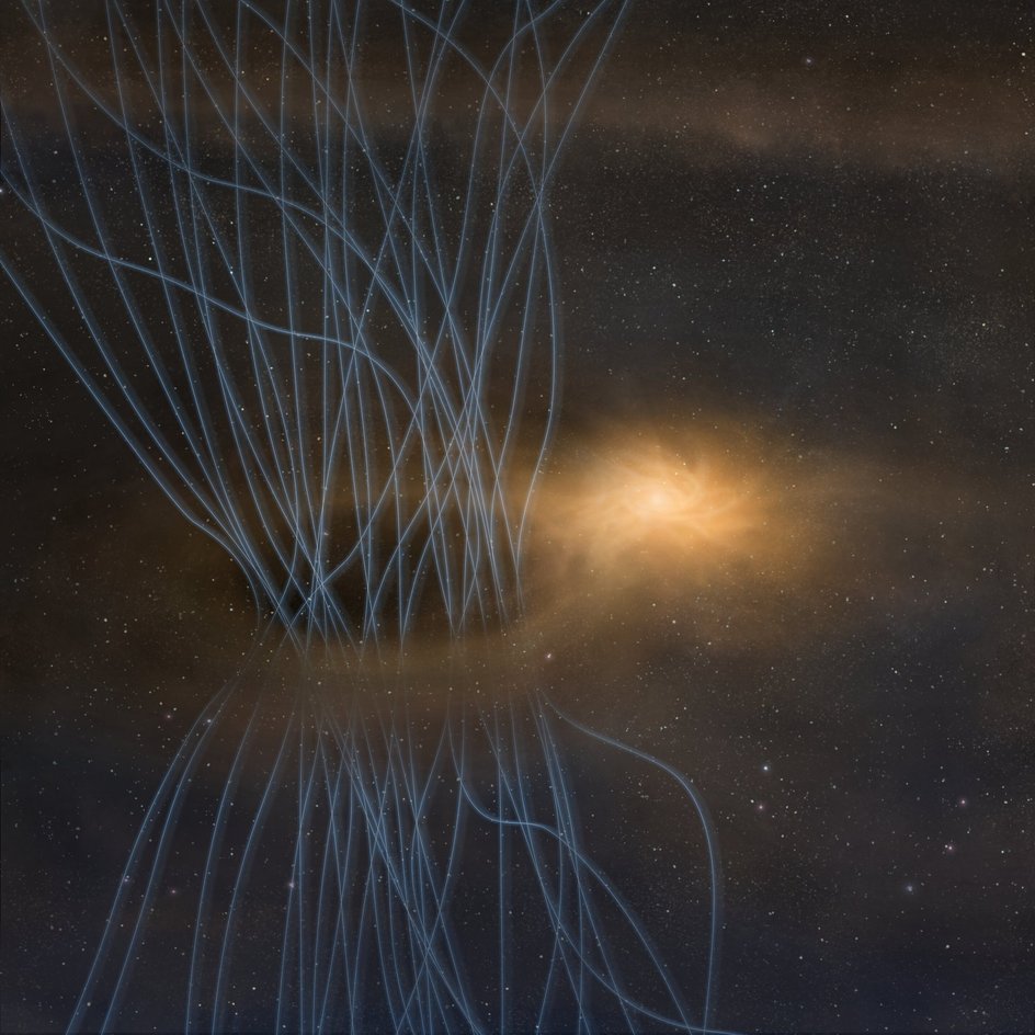 Молодая звезда в центре окружена ярким диском, называемым протозвездным диском. Синим цветов отображены всплески магнитного потока, газа и пыли. Исследователи обнаружили, что протозвездный диск выбрасывает магнитный поток, газ и пыль — подобно чиханию — во время формирования звезды