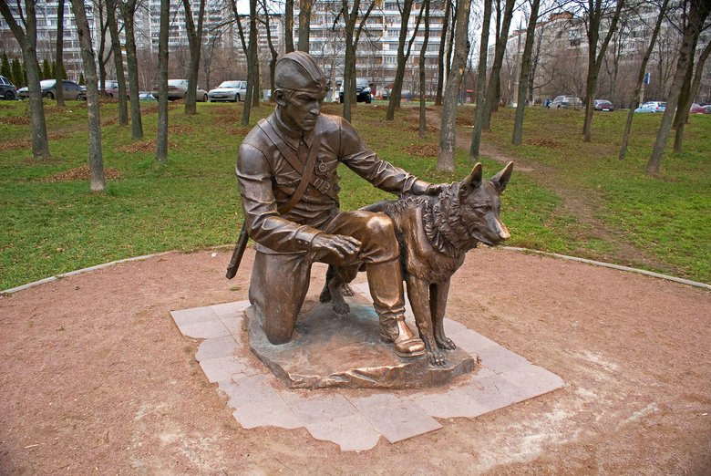 Памятник «Военный инструктор с собакой» скульптора С. Щербакова, расположенный в Москве, в Терлецкой дубраве, где в годы войны располагался питомник служебного собаководства.