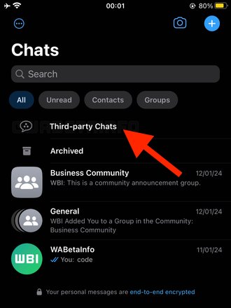 Раздел «Сторонние чаты» в WhatsApp будет находиться рядом с архивом. Фото: WABetaInfo