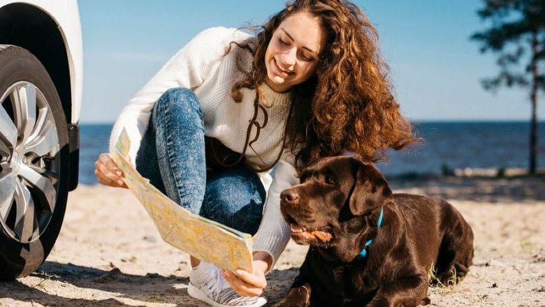 Женщина с картой в руках путешествует с собакой.
