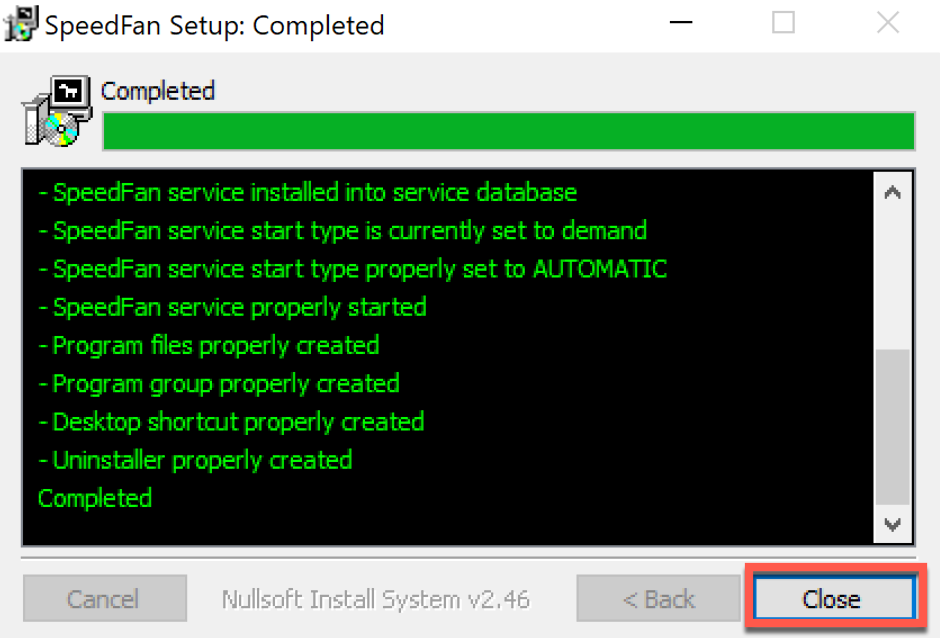 Скриншот окна завершения установки программы SpeedFan