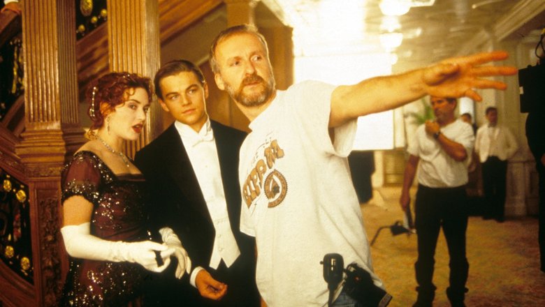 Кейт Уинслет, Леонардо Ди Каприо и Джеймс Кэмерон на съемках «Титаника»
