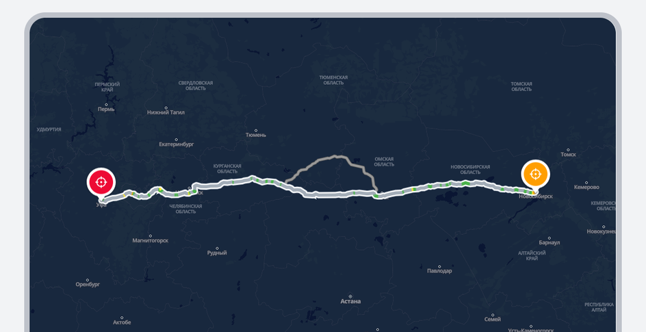 Пример маршрута в навигаторе из Новосибирска в Уфу