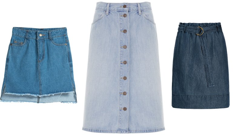 Слева направо: юбка Trends Brands, 3 290 руб.; юбка Levi's, 5 900 руб.; юбка Marc O'Polo, 16 980 руб.