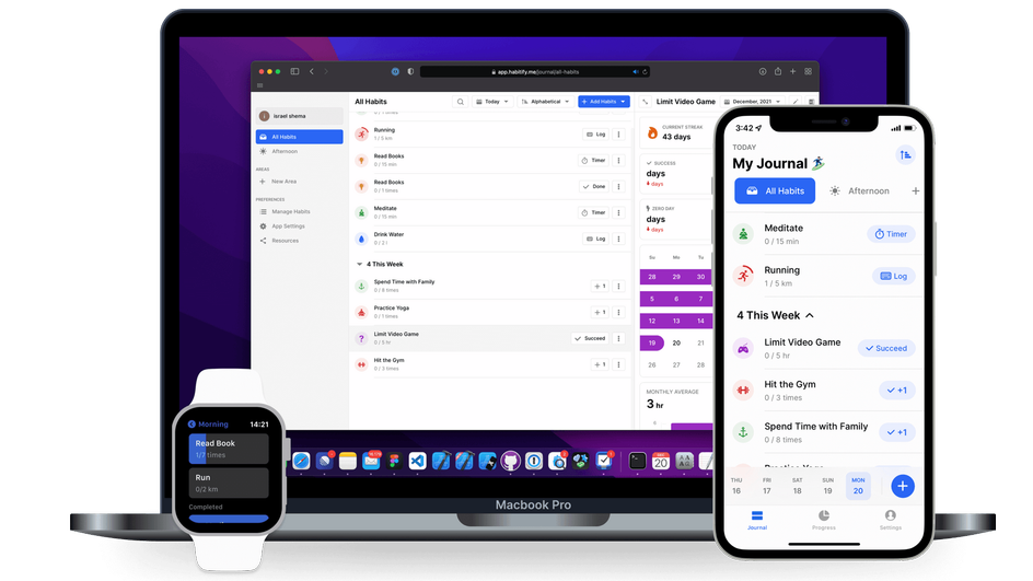 Скриншот приложение Habitify на ноутбуке и телефоне Скриншот приложение Habitify на ноутбуке и телефоне