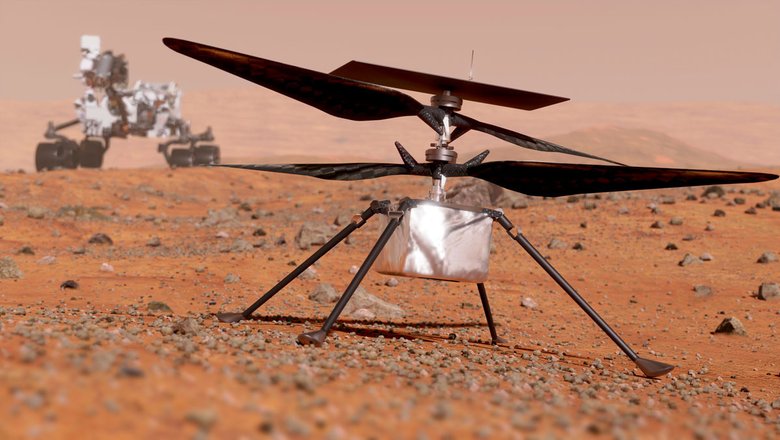 Марсианский вертолет Ingenuity и марсохол Perseverance на фоне