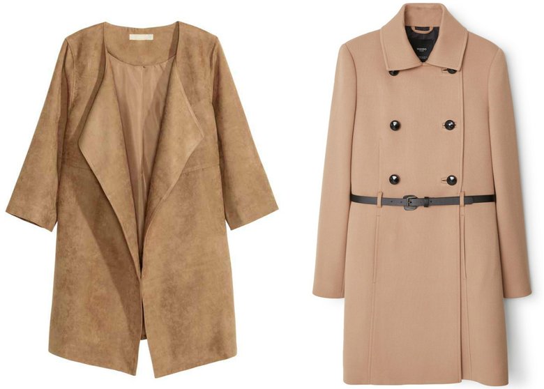 Слева направо: пальто из искусственной замши H&M, 3 499 руб.; двубортное пальто Mango, 9 999 руб. 
