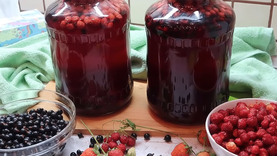 Заготовленные на зиму банки с полезным и вкусным домашним компотом из смородины и клубники стоят рядом со свежими ягодами Заготовленные на зиму банки с полезным и вкусным домашним компотом из смородины и клубники стоят рядом со свежими ягодами