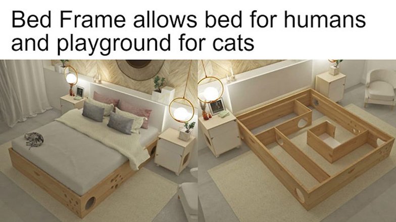 Каркас кровати позволяет людям удобно спать. Для кошек это место для игр. Моя кошка в 3 часа ночи: «Я –  скорость».