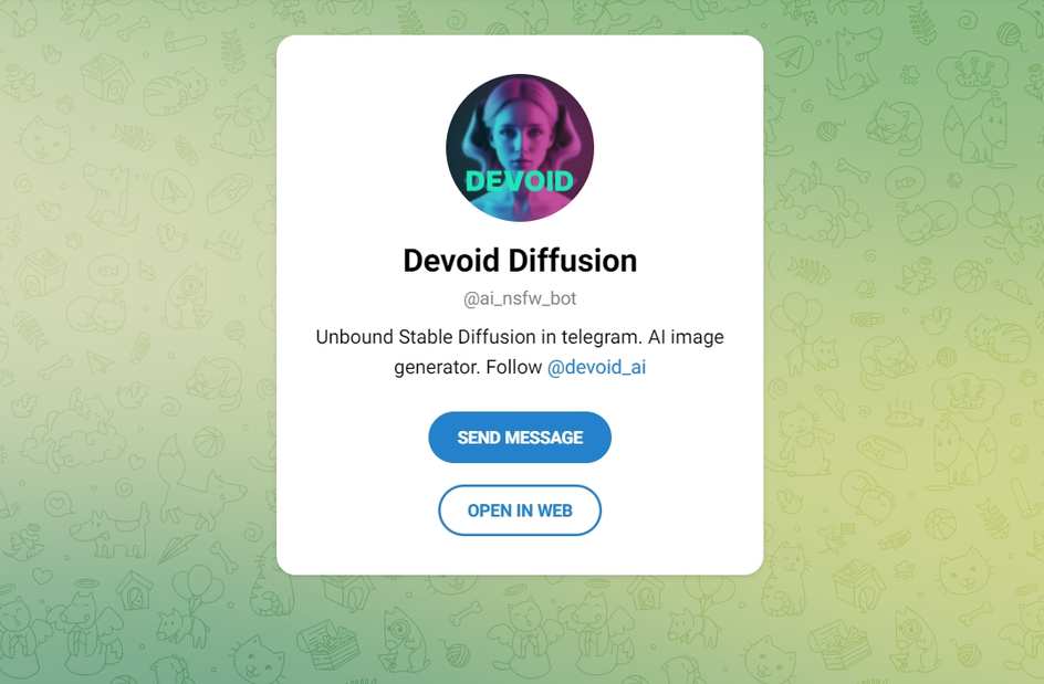 Заглавная страница телеграм-бота Devoid Diffusion с компьютера