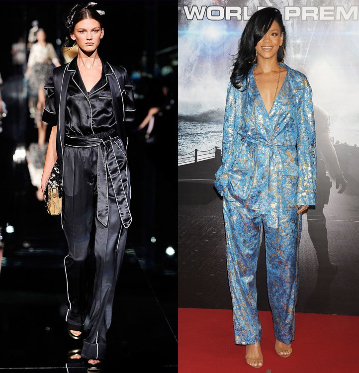 «Правильная» пижама станет отличным нарядом для новогодней вечеринки (слева — показ коллекции Dolce&Gabbana, справа — Рианна)