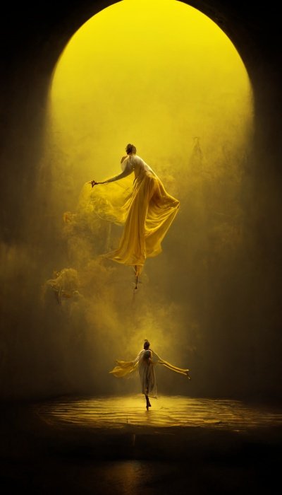 A Shakespeare stage play, yellow mist, atmospheric, set design by Michel Crête, Aerial acrobatics design by André Simard, hyperrealistic, 4K, Octane render, unreal engine, –ar 9:16 –uplight