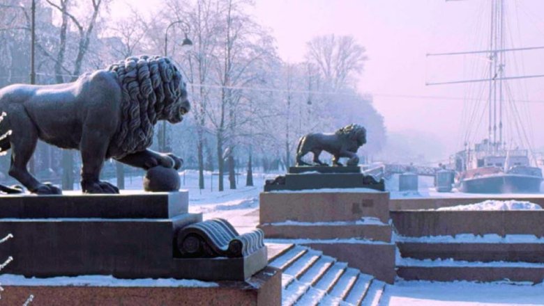 Львы Дворцовой пристани зимой.