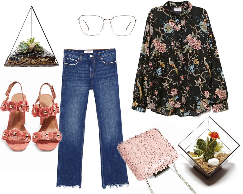 Блузка hmgoepprod; джинсы Zara; очки Zara; босоножки Topshop; сумка Topshop