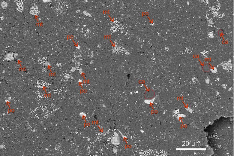 Ученые увидели в образцах с Рюгу много филлосиликатов (темно-серые участки). Также присутствуют сферические агрегаты магнетита, тонкие пластинки магнетита и зерна сульфида железа. Красными стрелками указаны минералы, помеченные «mt» для магнетита, «po» для пирротина (сульфид железа) и «ca» для карбоната соответственно. Фото: Science (2022) / phys.org
