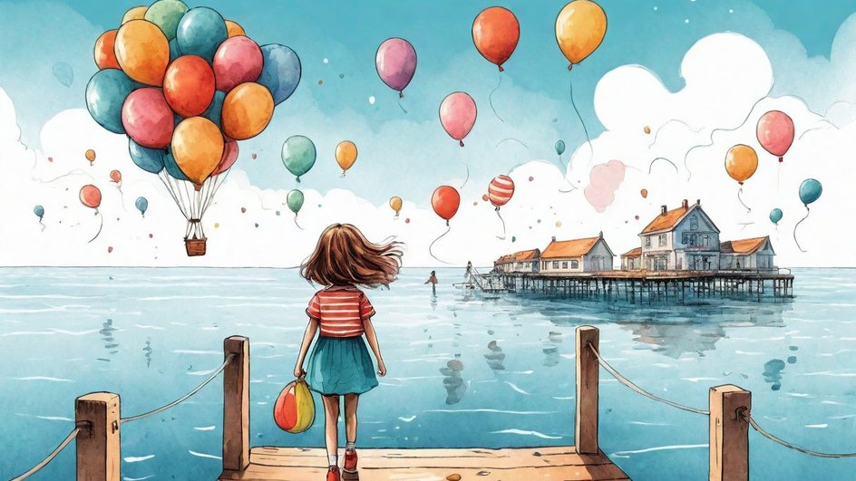 На картинке девочка на причале, воздушные шары, домик на воде.