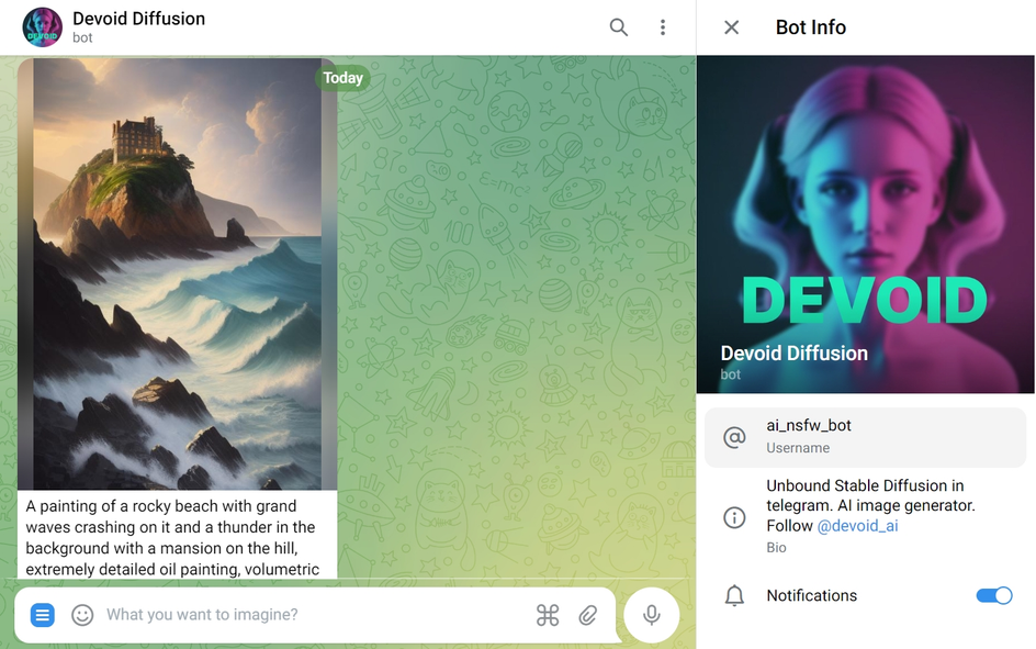 Итоговый результат генерации по запросу в телеграм-боте Devoid Diffusion: замок на высокой скале омываемой морем