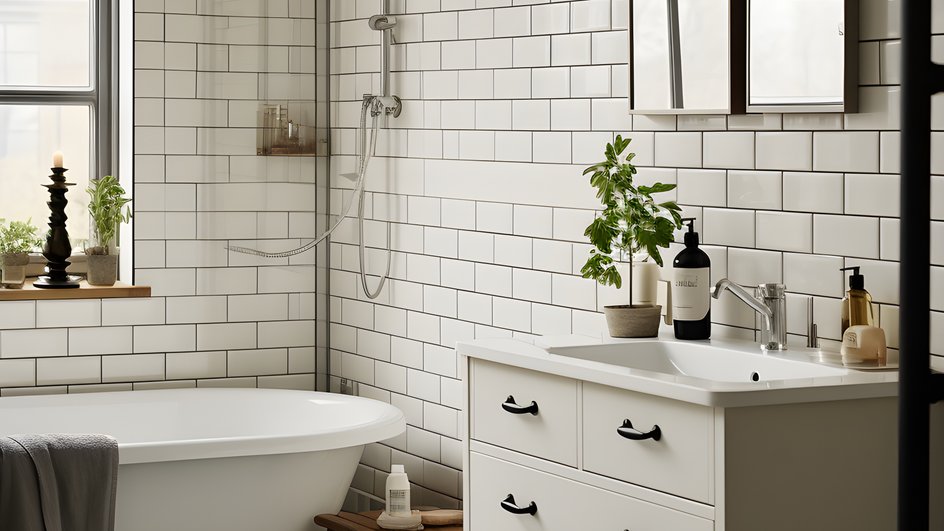 Ванная комната в скандинавском стиле с белой тумбочкой, плиткой и окном