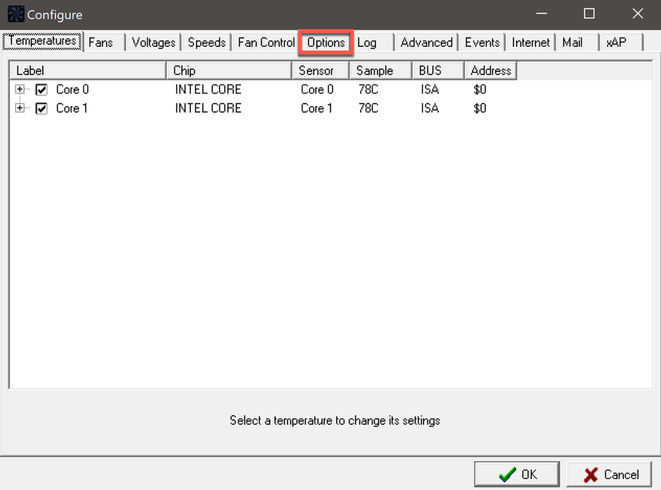 Скриншот вкладки Options программы SpeedFan