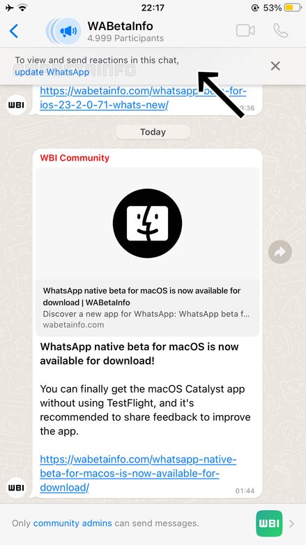 Баннер намекает на скорый запуск новой функции в WhatsApp. Перевод: «Чтобы увидеть и отправить реакции в этот чат, обновите WhatsApp». Фото: wabetainfo.com