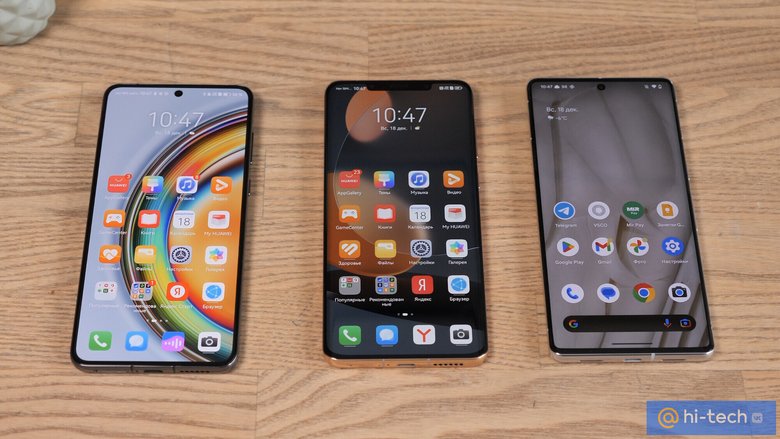 Слева направо: Huawei Mate 50, Huawei Mate 50 Pro, Google Pixel 7 Pro