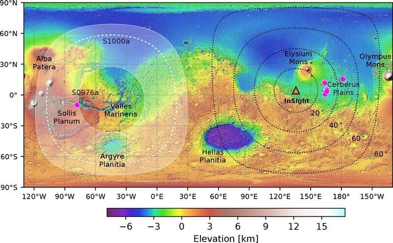 Карта с указанием точного местоположения землетрясения S0976a и диапазона местоположений S1000a на противоположной стороне Марса. Фото: NASA