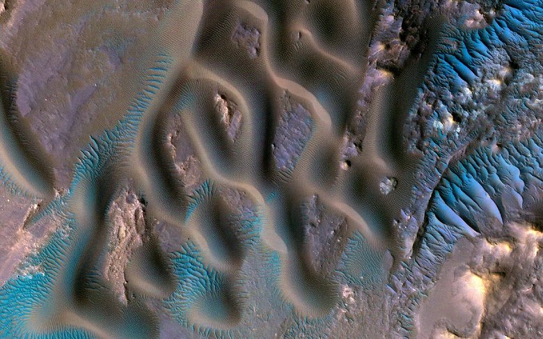 Дюны и поперечные эоловые хребты в кратере Гамбоа на Марсе. Фото: NASA