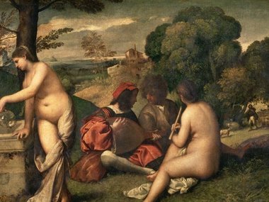 Slide image for gallery: 2157 | Джорджоне «Сельский концерт», 1510 год. Именно об этой картине Эдуард Мане вспомнил, когда задумал свой «Завтрак на траве»