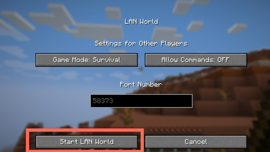 Окно Open to LAN игры Minecraft с кнопкой Start LAN World Окно Open to LAN игры Minecraft с кнопкой Start LAN World