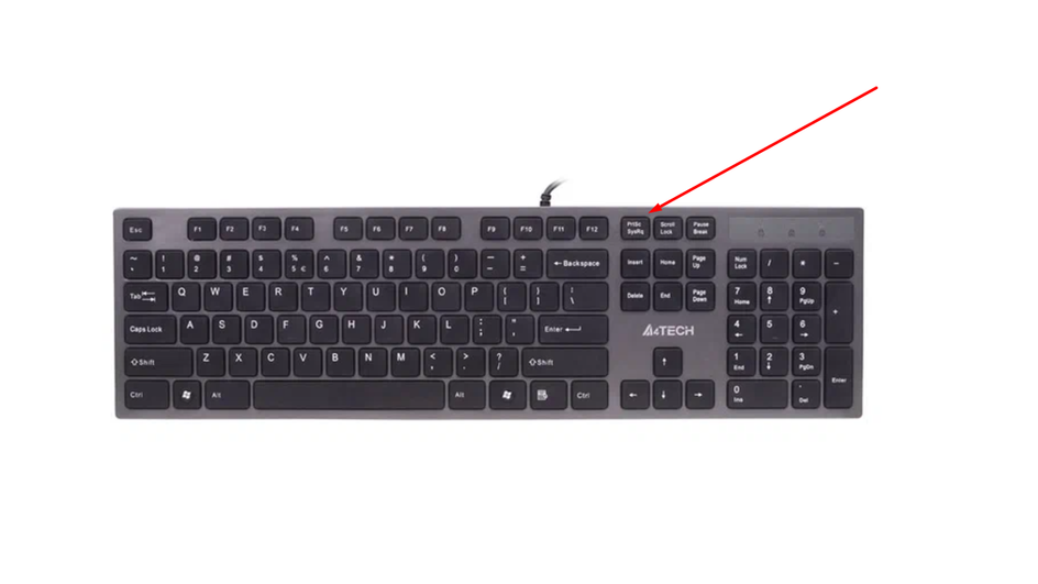 Клавиатура бренда A4Tech. На ней выделена клавиша "Scroll Lock" красной стрелкой. Клавиатура имеет стандартную раскладку с цифровым блоком справа.