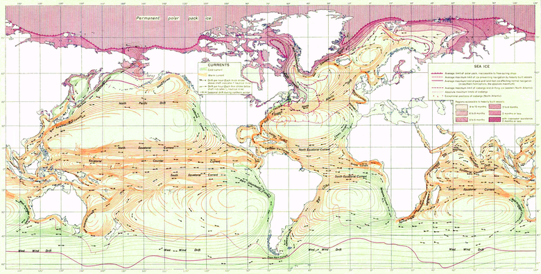 Карта течений мирового океана 1943 года. Фото: wikimedia / US army / Общественное достояние