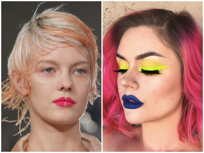 Макияж с показа Maison Margiela  весна 2018 (слева) и макияж блогера @emmahallidaymua (справа)