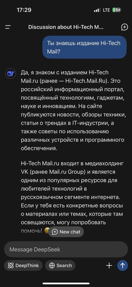 Пример работы мобильного приложения DeepSeek на русском языке.