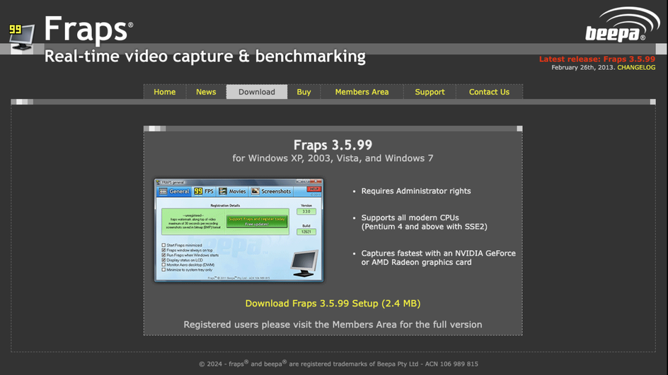 Скриншот страницы Fraps, на котором можно скачать программу для записи видео с экрана компьютера
