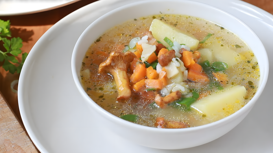Суп с лисичками и мясом, морковью, зеленью и рисом, поданный на белой тарелке на фоне деревянной поверхности с петрушкой Суп с лисичками и мясом, морковью, зеленью и рисом, поданный на белой тарелке на фоне деревянной поверхности с петрушкой