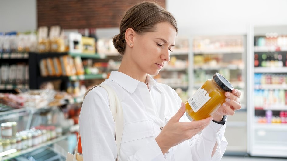 Девушка читает этикетку ферментированного продукта в магазине Девушка читает этикетку ферментированного продукта в магазине