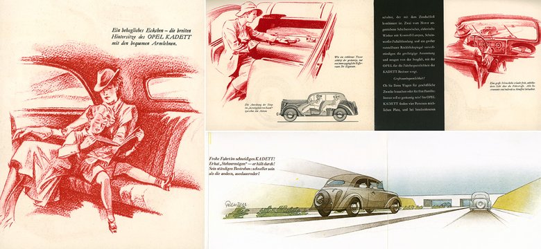 Очаровательные рисунки из оригинальной рекламной брошюры Kadett (вверху), демонстрируют достоинства модели: фрау укладывает чемодан в багажник, в распоряжении водителя полный комплект приборов.<br />— А на рисунке слева реклама явно выдает желаемое за действительное. С таким комфортом на диване Kadett могли бы расположится лишь пассажиры ростом не выше 1 м 50 см. Любопытный момент — на рекламном рисунке (внизу) Kadett мчится по только что отстроенному германскому автобану