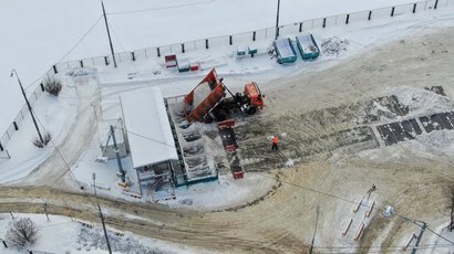 Вид с квадрокоптера на работу стационарных снегоплавильных пунктов «Каширский-1» и «Каширский-2» на юге столицы. Фото: АГН &quot;Москва&quot;