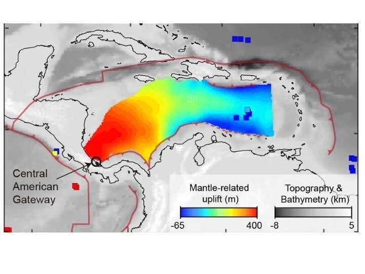Изображение искривленной поверхности Карибского моря показывает небольшой наклон, возникающий из-за подземных движений. Фото: University of Houston