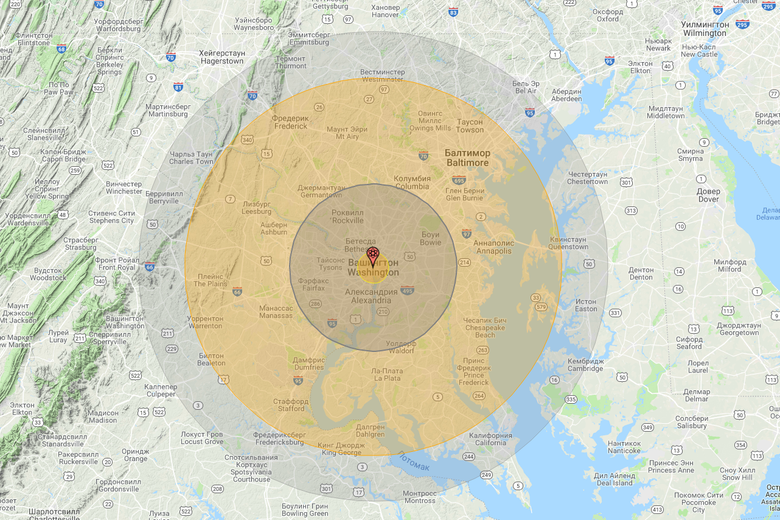 Возможный радиус поражения самой мощной бомбой в истории человечества. Фото: nuclearsecrecy.com