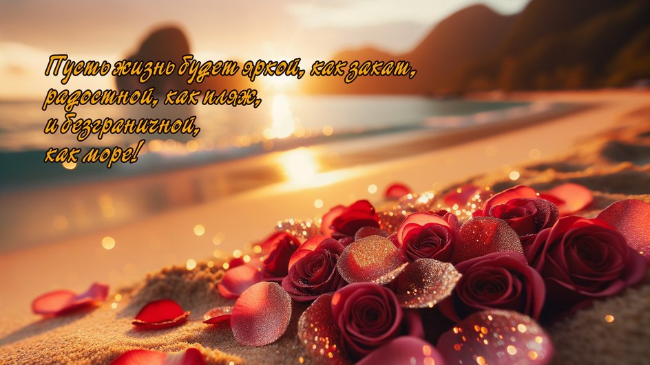 Цветы на пляже и подпись: "Пусть жизнь будет яркой, как закат, радостной, как пляж, и беззаботной, как море!".