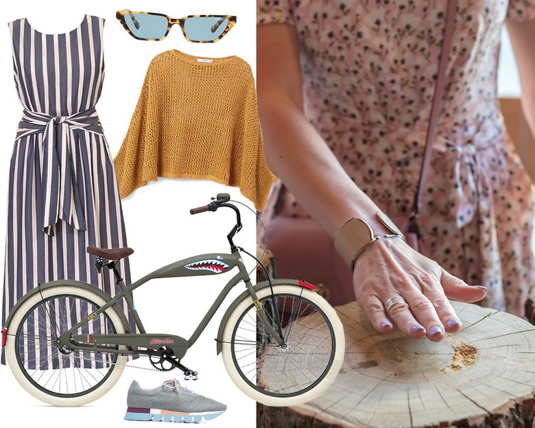 Платье Baon; очки Gigi Hadid for Vogue Eyewear; свитер Mango; велосипед Electra; кеды Ballin.