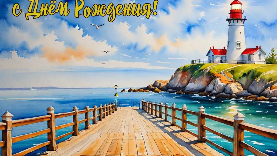 Мост, море, маяк, берег, небо, надпись "С Днем Рождения!"