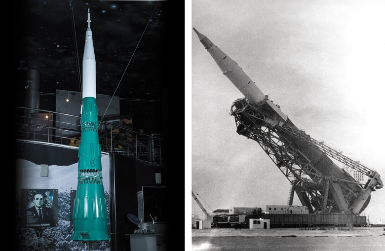 Макет ракеты Н-1 (первое фото) и установка ее «примерочного» макета на стартовый стол (второе фото). Источник: roscosmos.ru